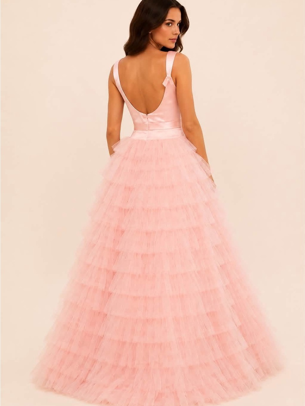 Sherri Hill Pink Tiered Tulle Ball Gown with Bow - Picture 2 of 2